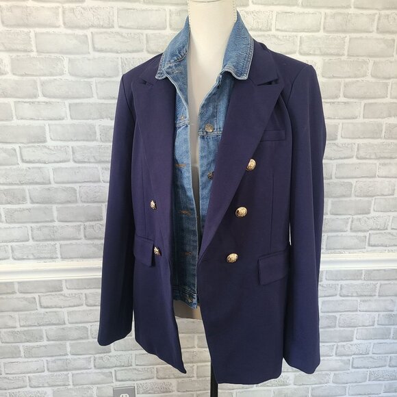 Dolan Double Breasted Navy Ponte Miller Blazer Removable Denim Dickey L NWOT - Picture 14 of 14